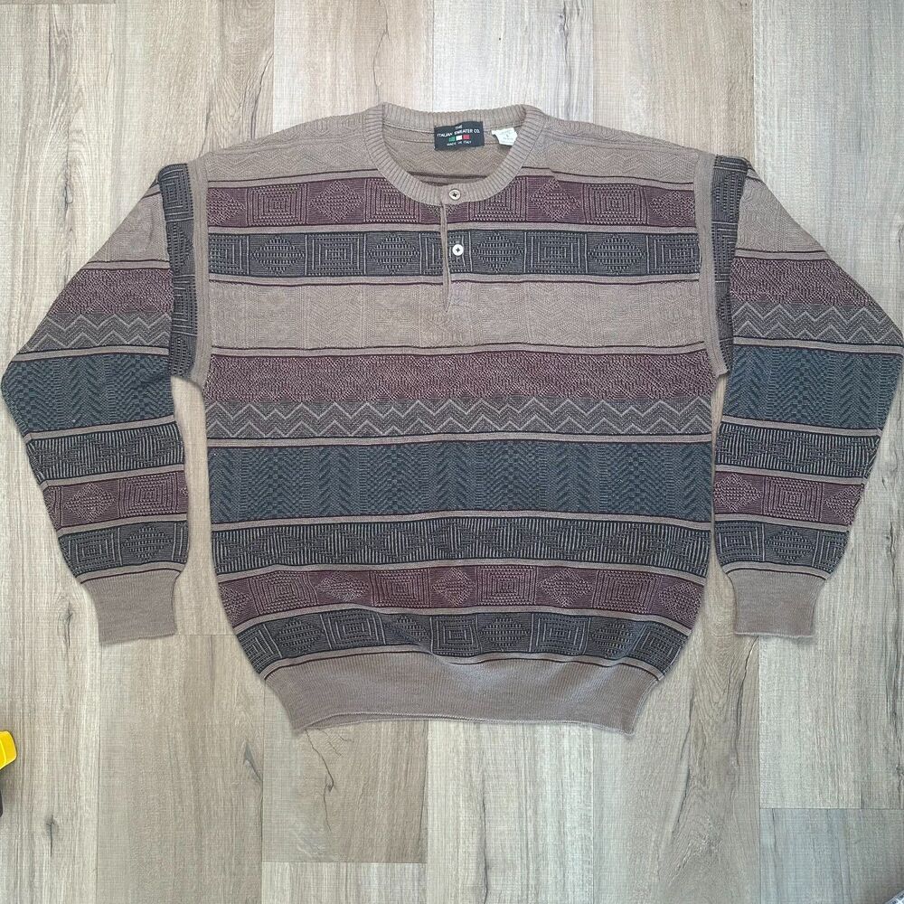 VTG The Italian Sweater Co. Mens Grandpa Core Mens L Large Striped Sweatshirt